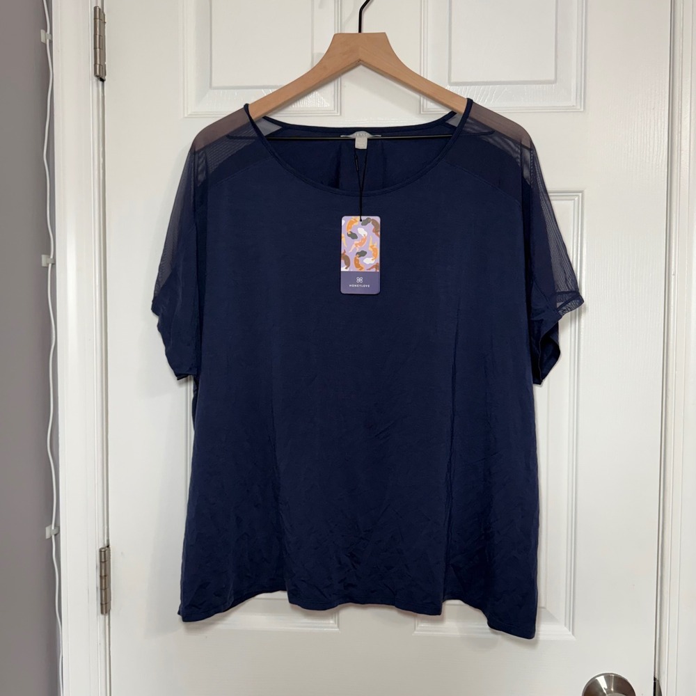 NEW Honeylove Bliss Short Sleeve Top Navy Blue Mesh Shoulder Tencel 1X cooling